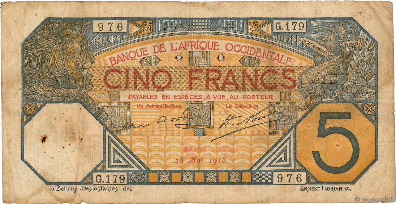 5 Francs SAINT-LOUIS FRENCH WEST AFRICA Saint-Louis 1918 P.05Fb fS