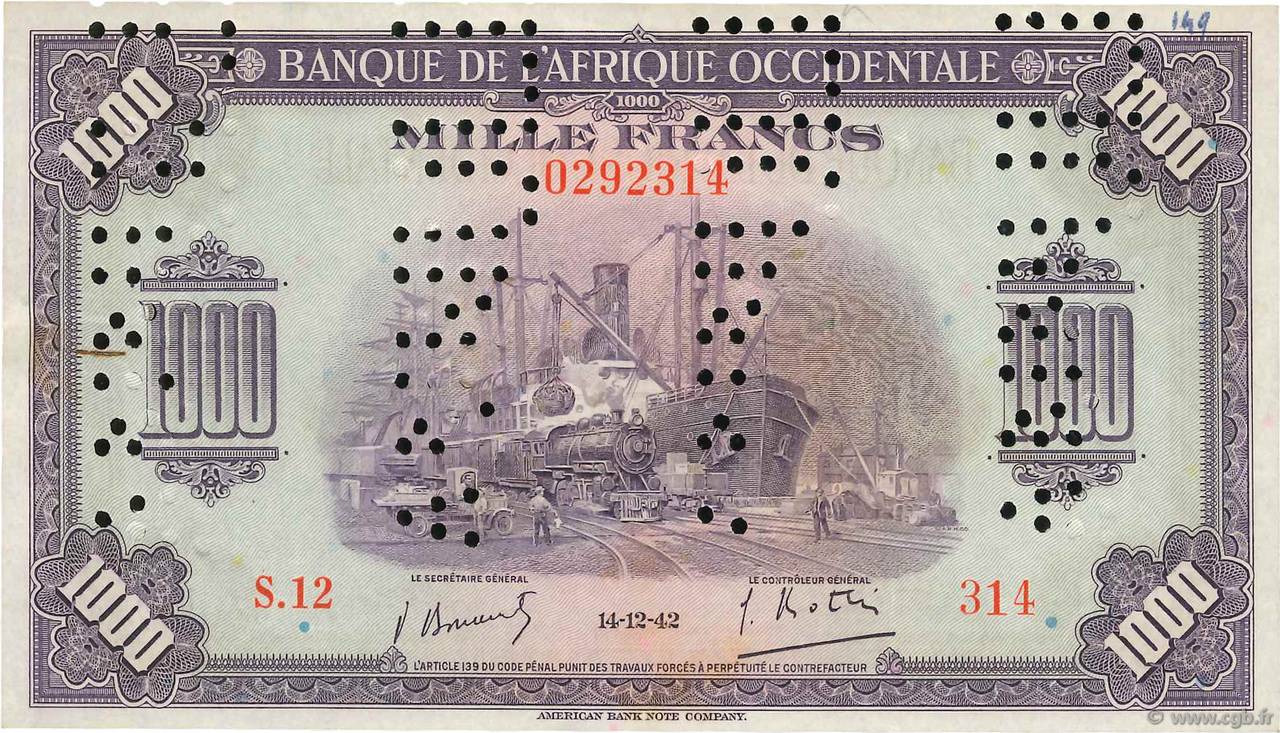 1000 Francs Spécimen FRENCH WEST AFRICA  1942 P.32as SPL