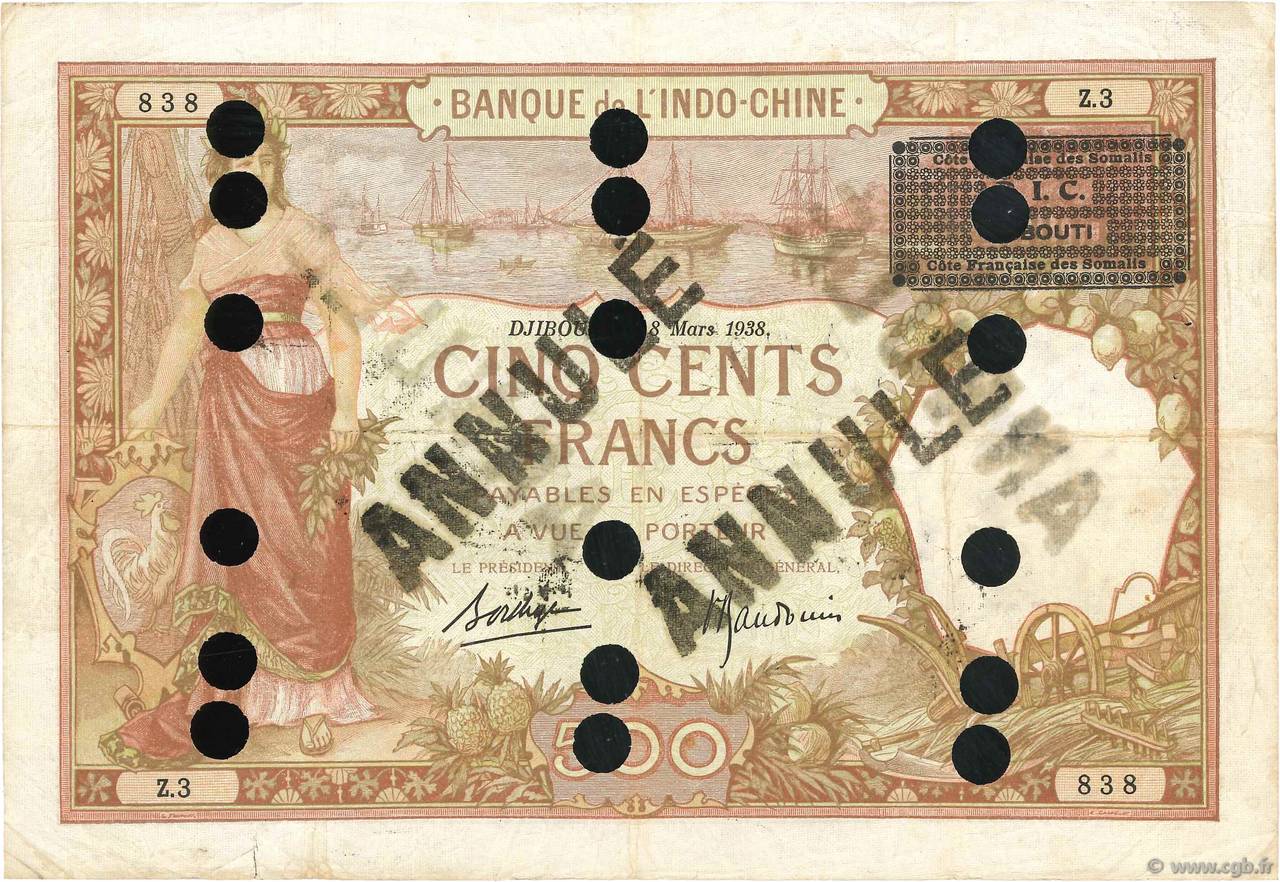 500 Francs Spécimen DSCHIBUTI   1943 P.13Cs fS