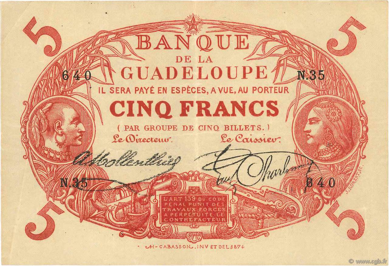 5 Francs Cabasson rouge GUADELOUPE  1923 P.07a TTB