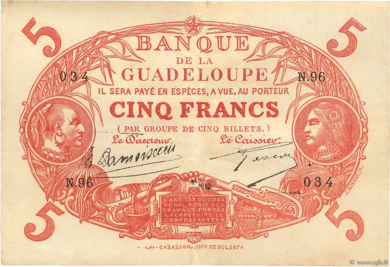 5 Francs Cabasson rouge GUADELOUPE  1928 P.07b VF
