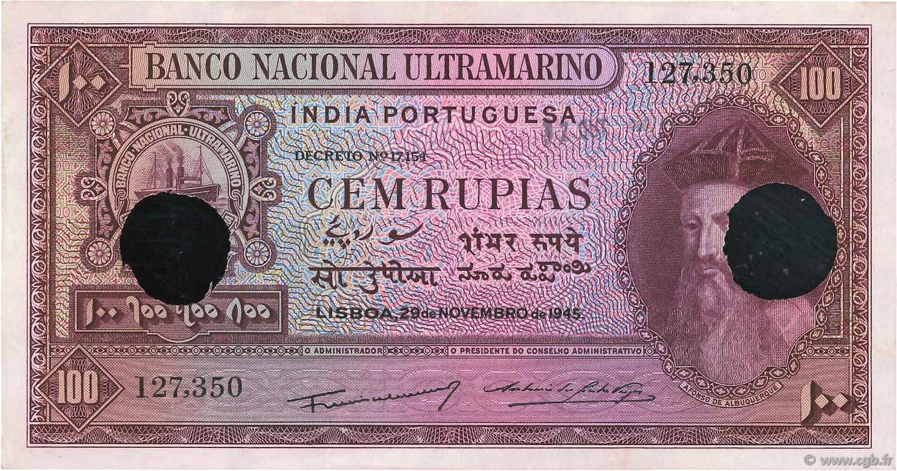 100 Rupias Annulé PORTUGIESISCH-INDIEN  1945 P.39s VZ+