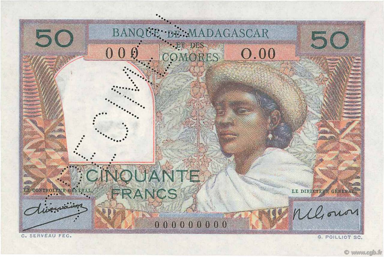 50 Francs Spécimen MADAGASCAR  1950 P.045as AU-