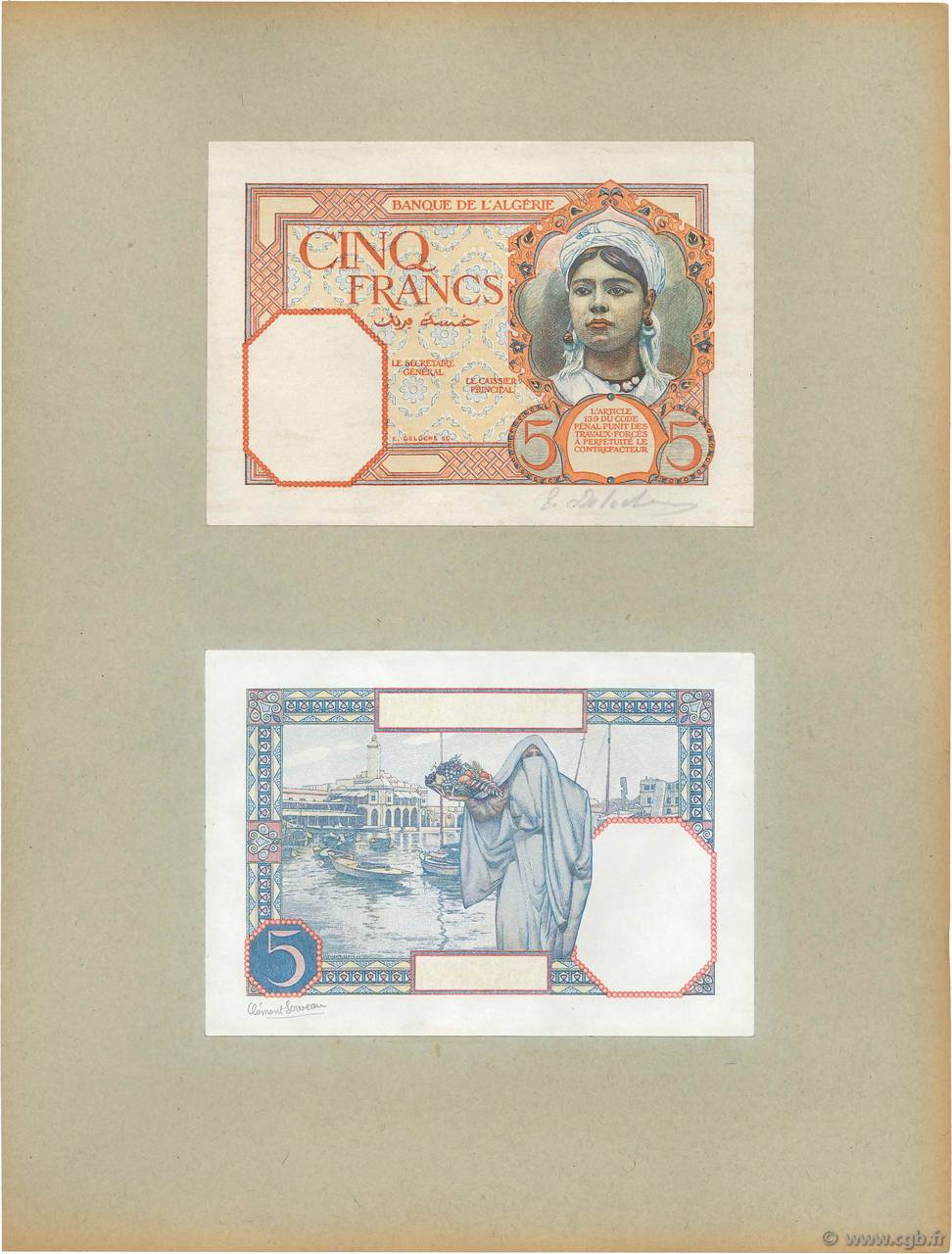5 Francs Épreuve ARGELIA  1924 P.077p FDC