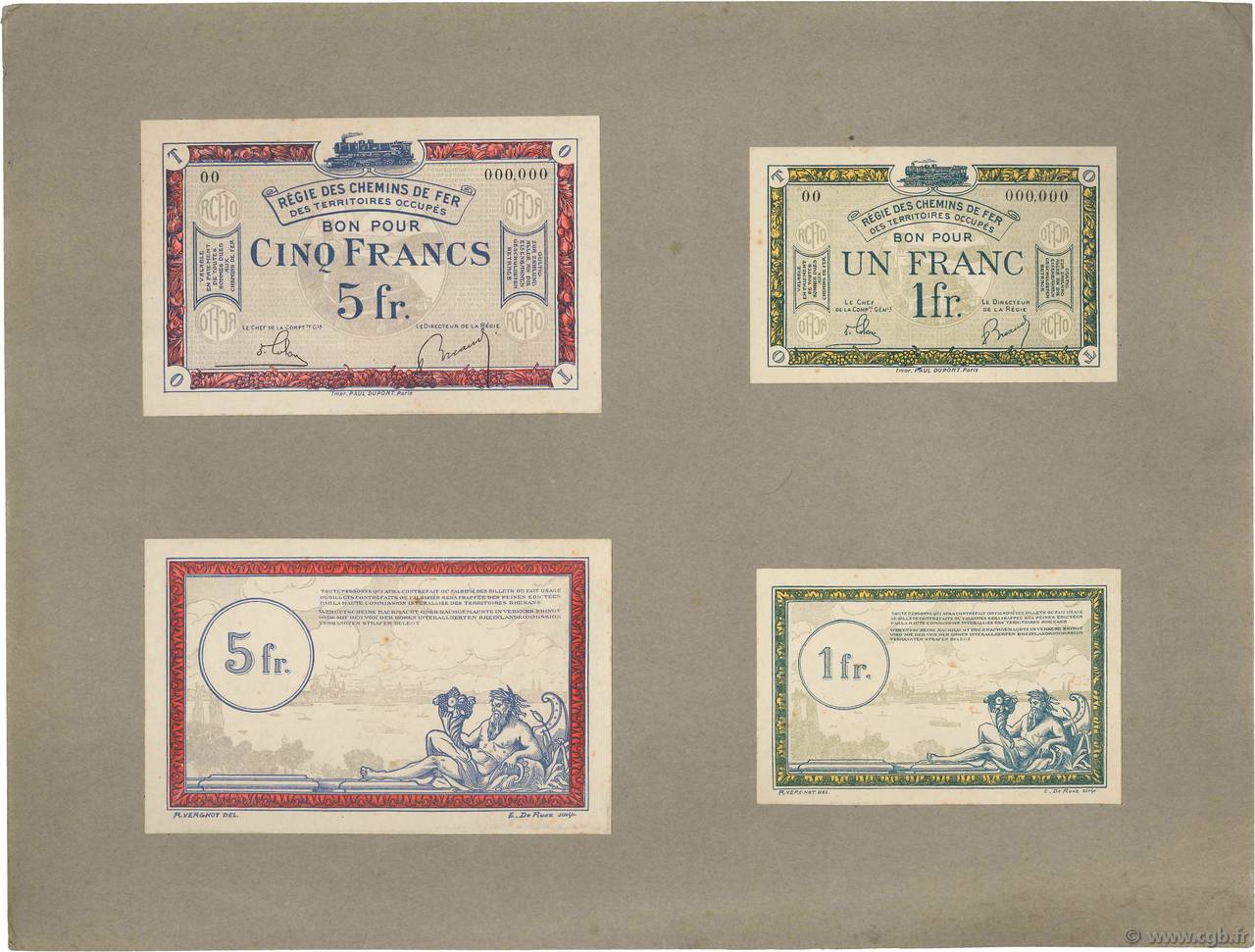 1 et 5 Francs Spécimen FRANCE regionalism and miscellaneous  1923 JP.135.05s/06s UNC