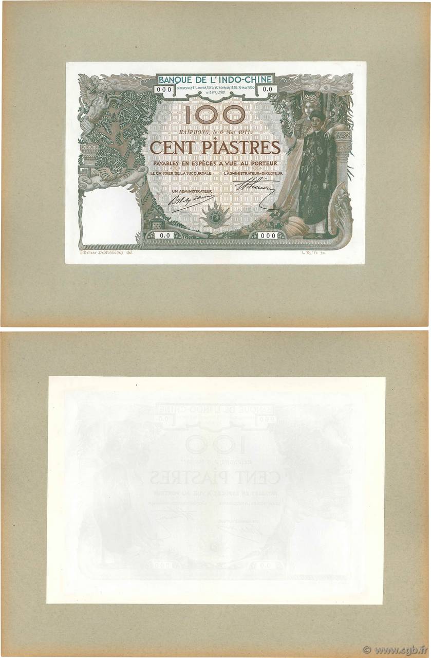 100 Piastres Épreuve FRANZÖSISCHE-INDOCHINA Haïphong 1911 P.018p ST