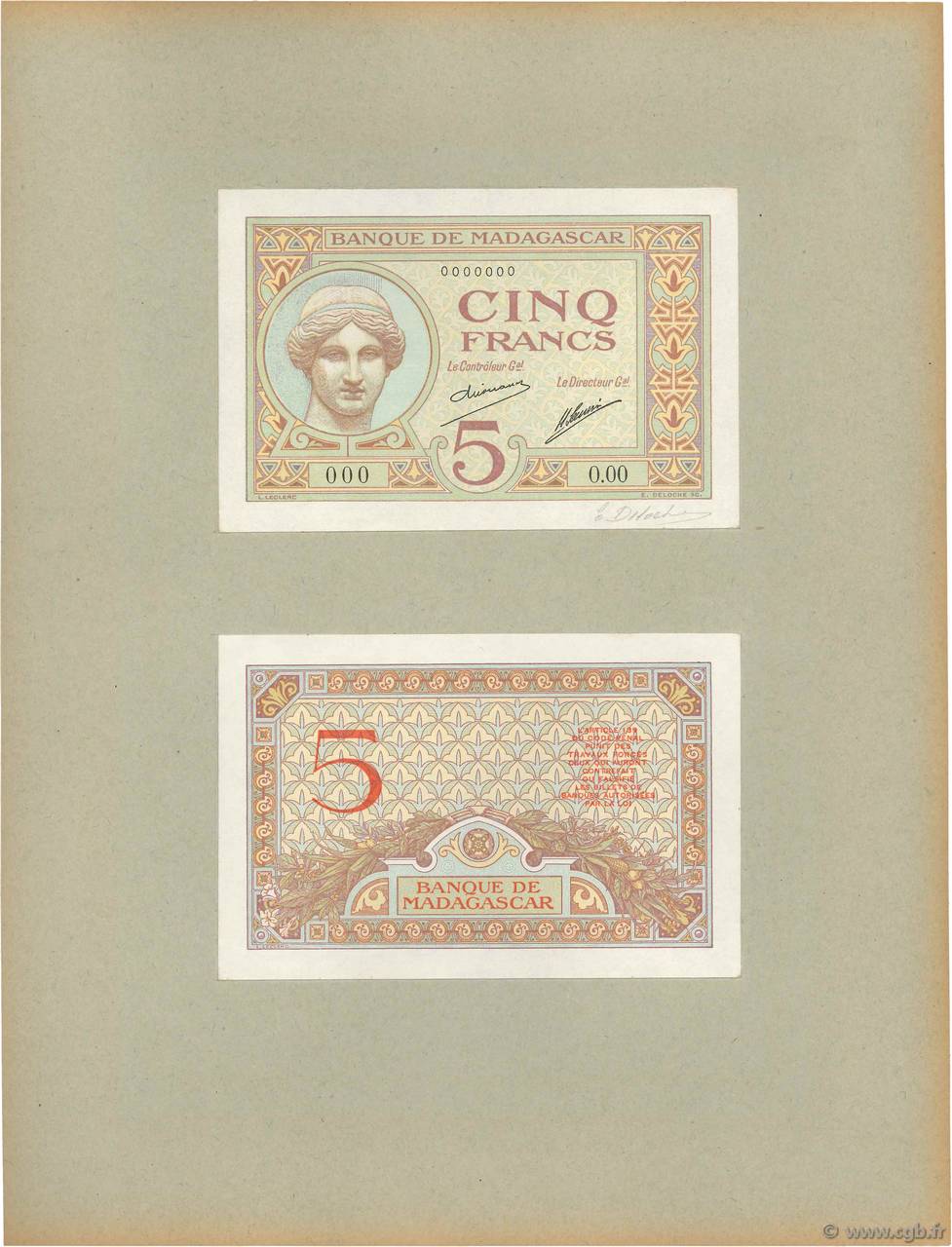 5 Francs Épreuve MADAGASCAR  1926 P.035p NEUF
