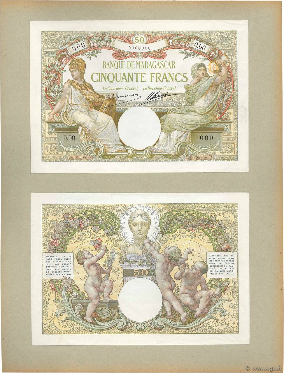 50 Francs Épreuve MADAGASCAR  1926 P.038p FDC