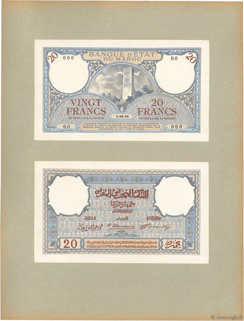 20 Francs Épreuve MAROKKO  1920 P.12p ST