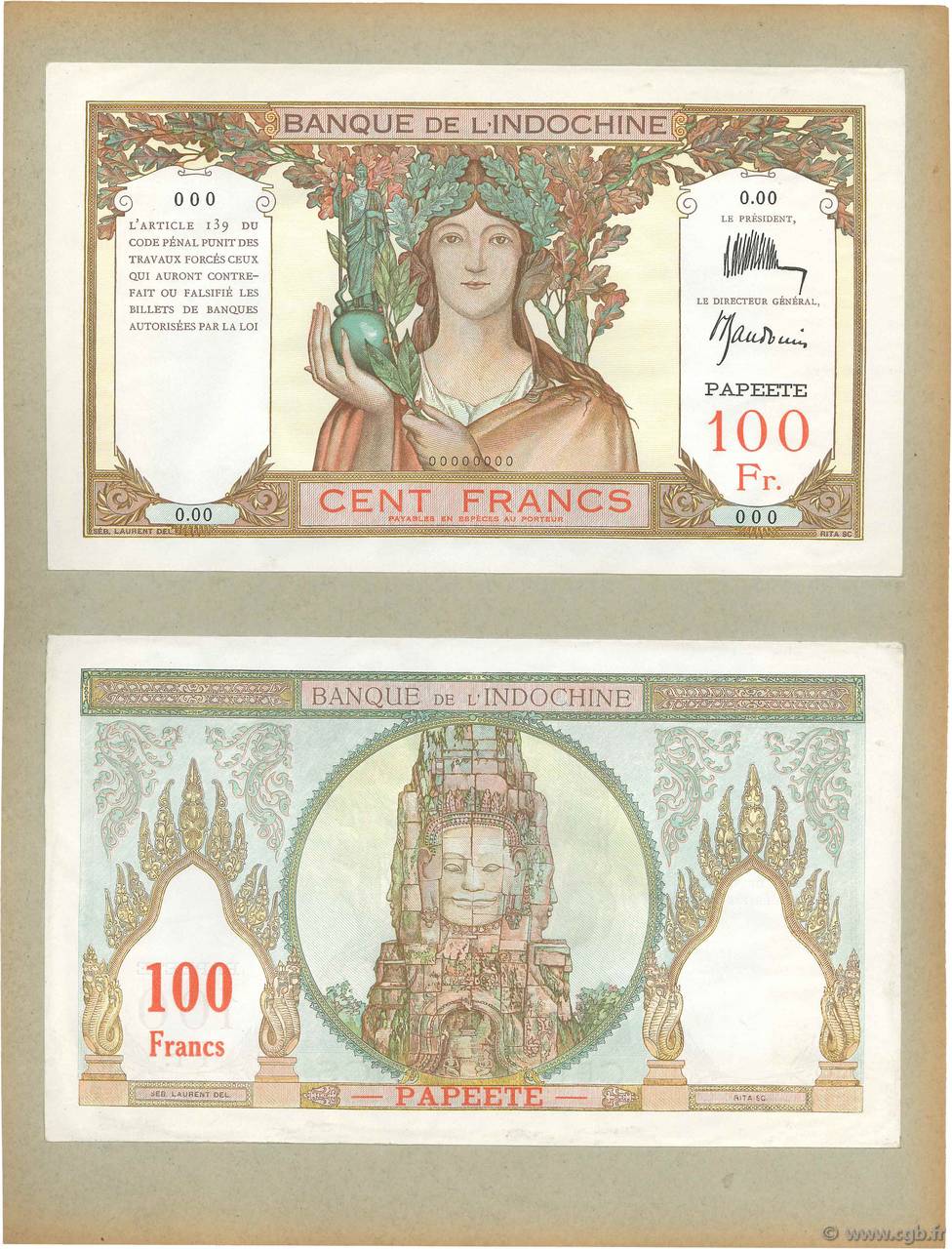 100 Francs Épreuve TAHITI  1939 P.14ap NEUF