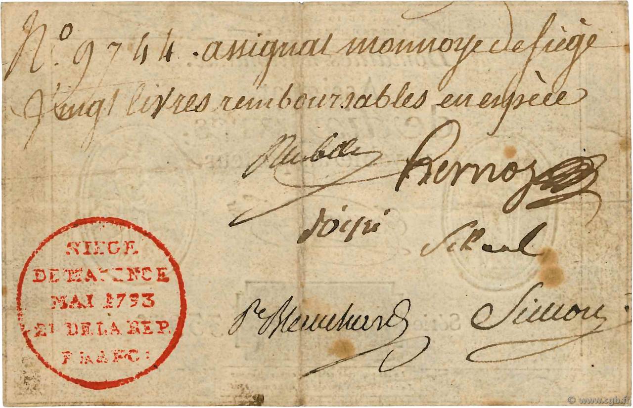20 Livres FRANCE régionalisme et divers Mayence 1793 Kol.013 pr.TTB
