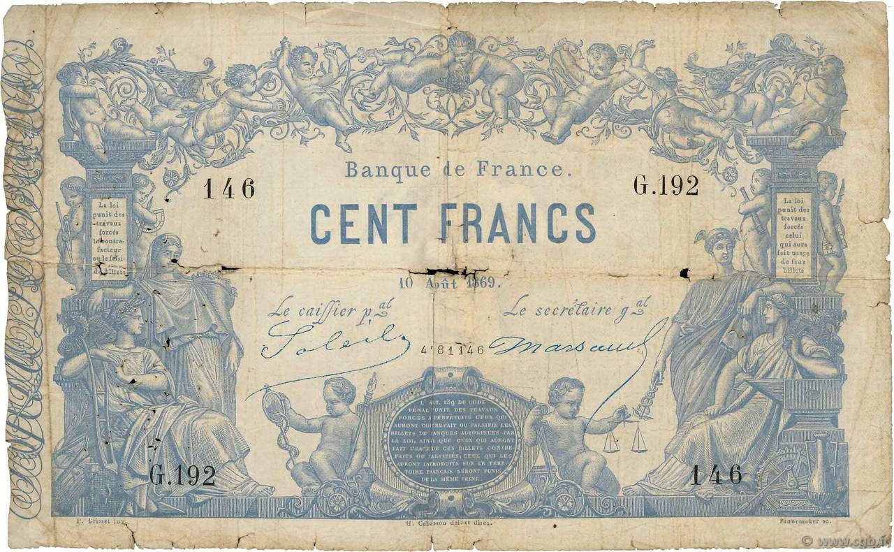 100 Francs type 1862 - Bleu à indices Noirs FRANCIA  1869 F.A39.04 B
