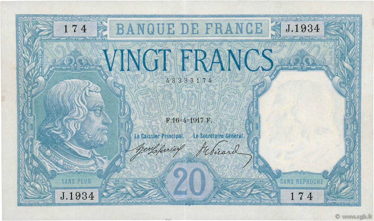 20 Francs BAYARD FRANCE  1917 F.11.02 XF