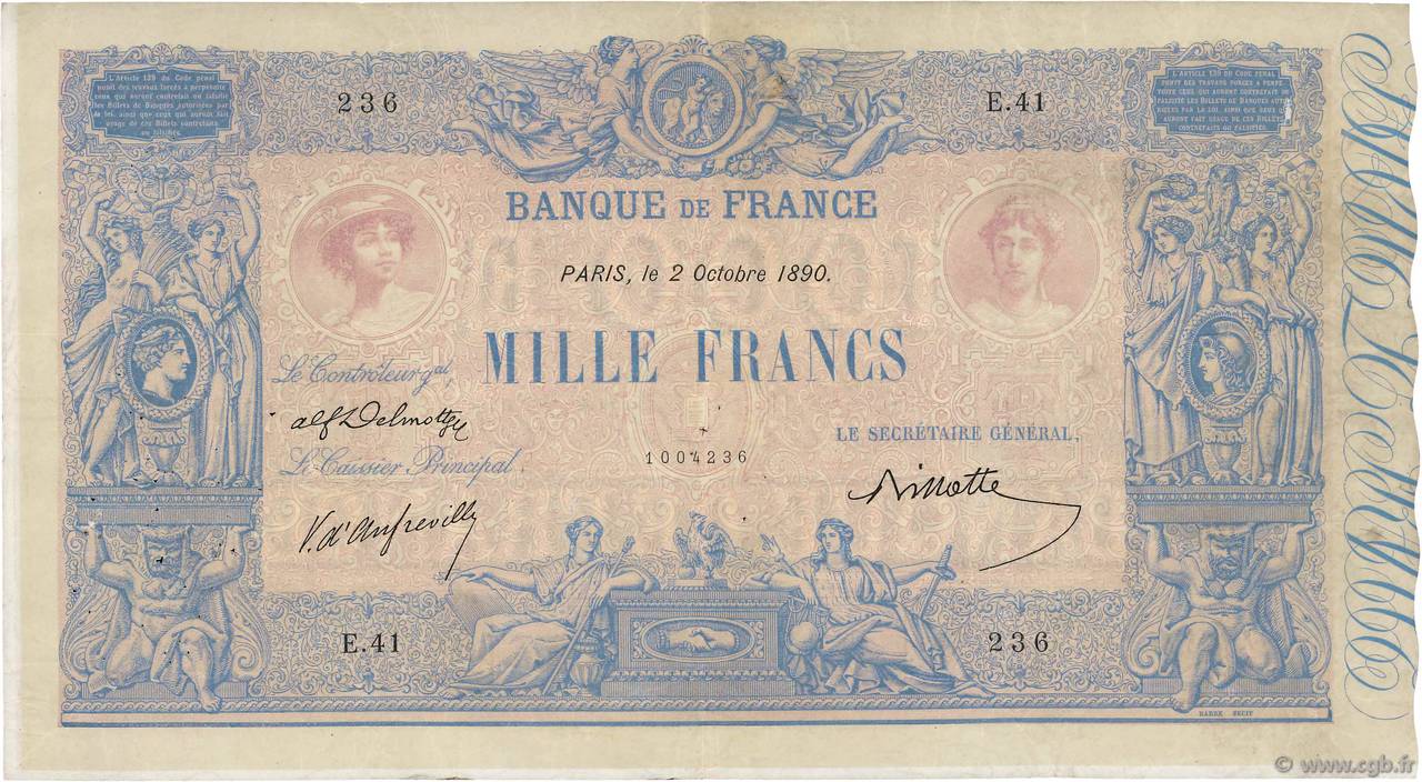 1000 Francs BLEU ET ROSE FRANCIA  1890 F.36.02 BC