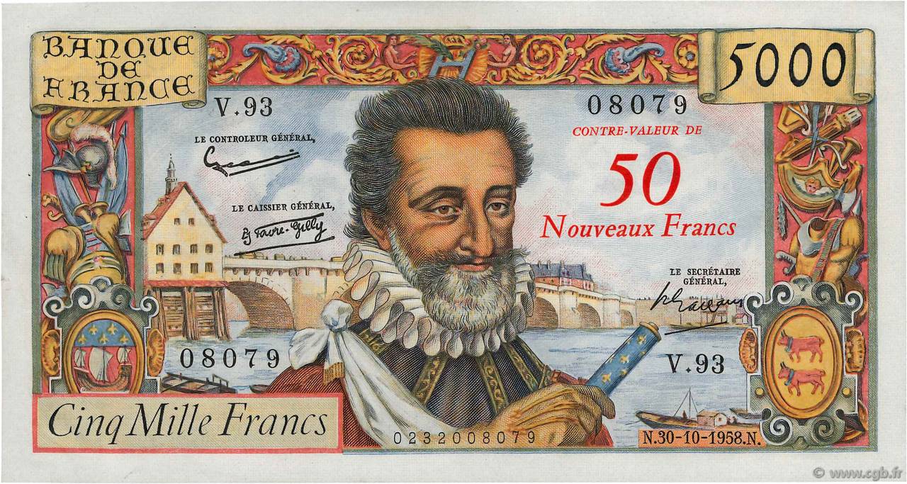 50 NF sur 5000 Francs HENRI IV FRANCIA  1958 F.54.01 EBC+