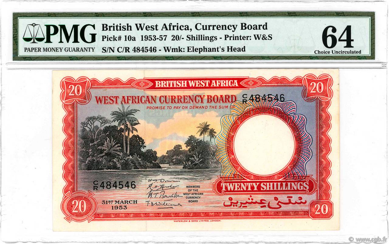 20 Shillings AFRICA DI L OVEST BRITANNICA  1953 P.10a AU+
