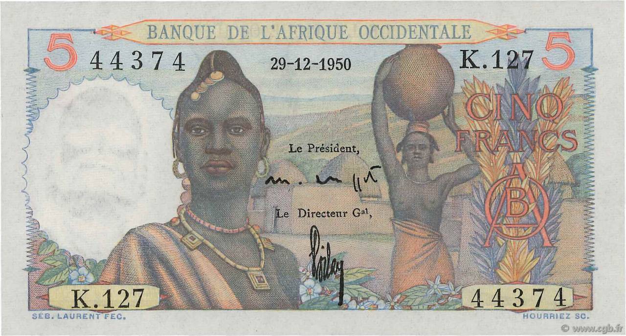 5 Francs FRENCH WEST AFRICA  1950 P.36 UNC