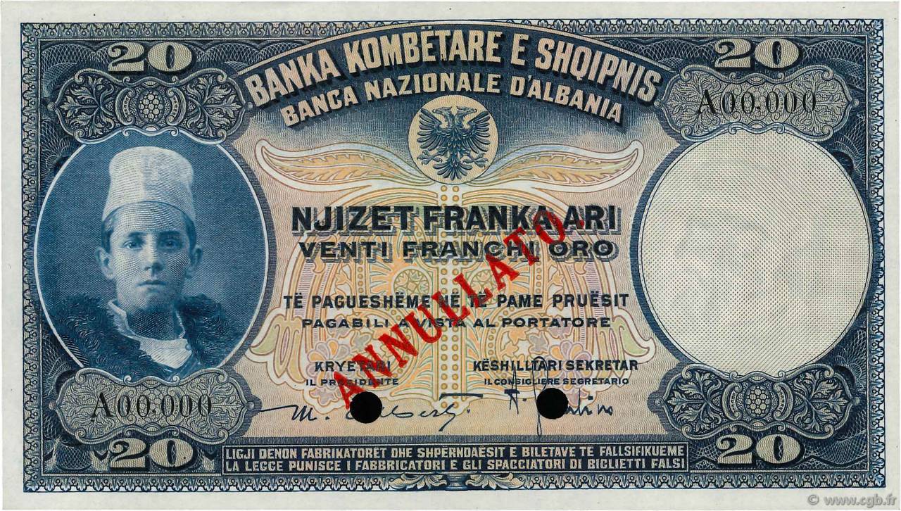 20 Franka Ari Spécimen ALBANIA  1926 P.03s UNC-