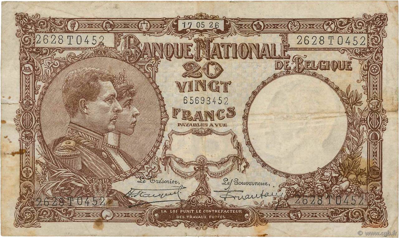 20 Francs BELGIEN  1926 P.098a S