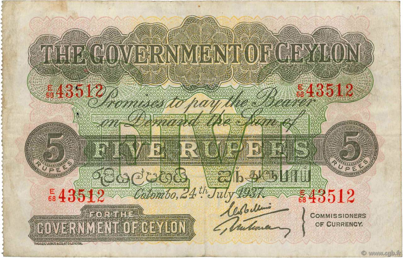 5 Rupees CEYLON  1937 P.023b q.BB