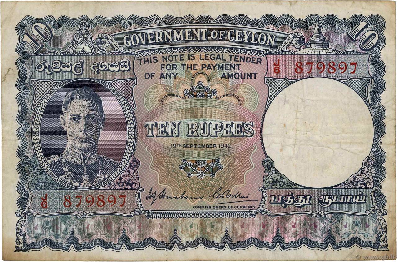 10 Rupees CEYLON  1942 P.036Aa F