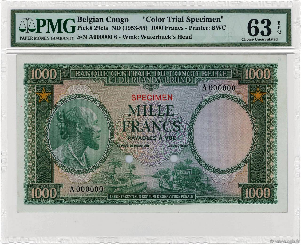 1000 Francs Spécimen BELGISCH-KONGO  1953 P.29cts fST+