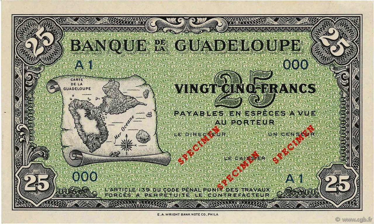 25 Francs Spécimen GUADELOUPE  1944 P.22s fST+
