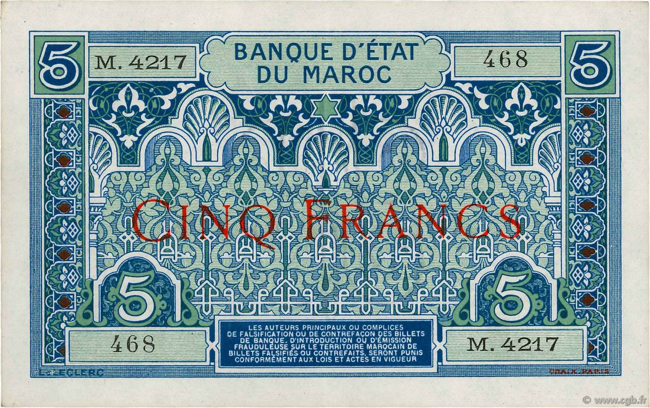 5 Francs MAROKKO  1924 P.09 fST