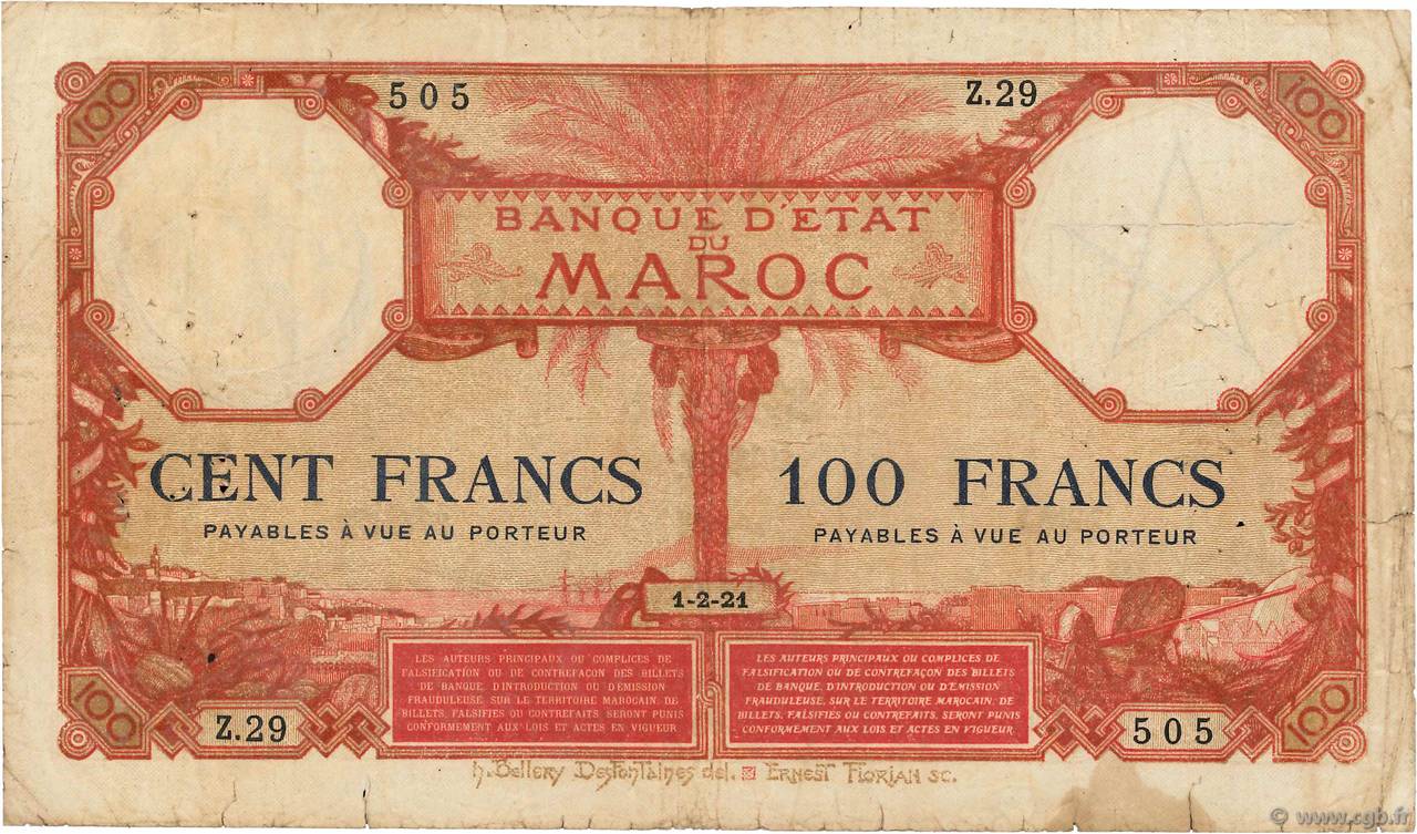 100 Francs MOROCCO  1921 P.14 VG