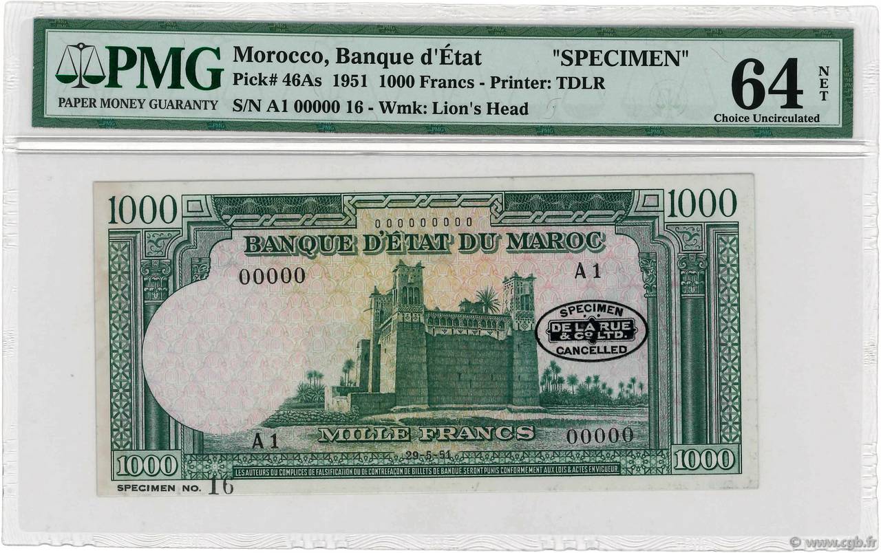 1000 Francs Spécimen MAROCCO  1951 P.46As AU+