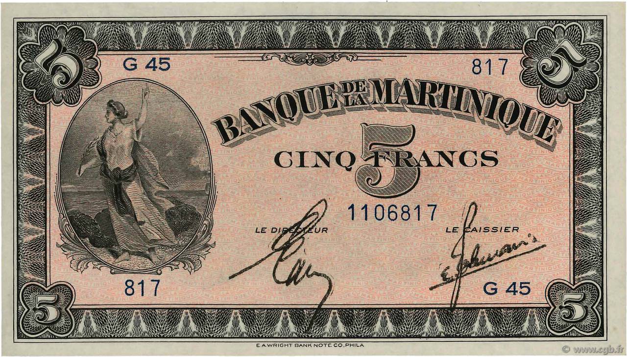 5 Francs MARTINIQUE  1942 P.16b FDC