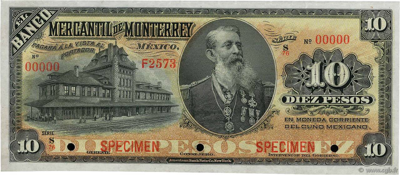 10 Pesos Spécimen MEXICO Monterrey 1906 PS.0353As AU-