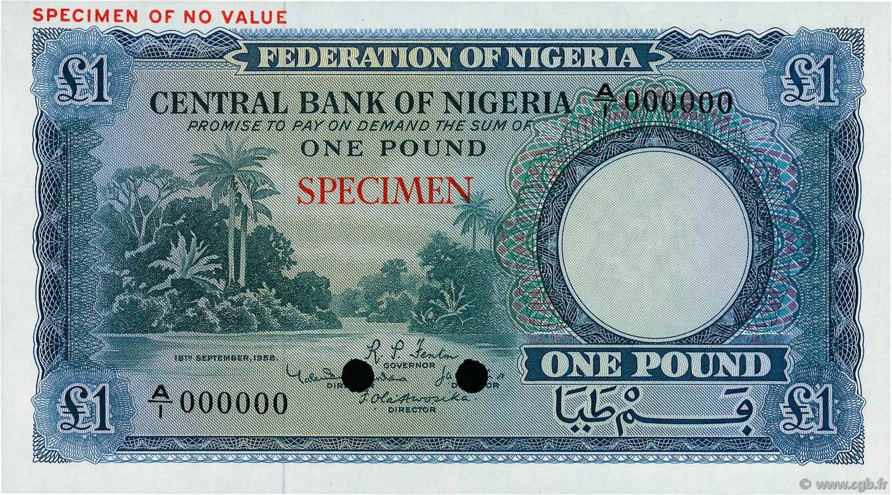 1 Pound Spécimen NIGERIA  1958 P.04cts FDC