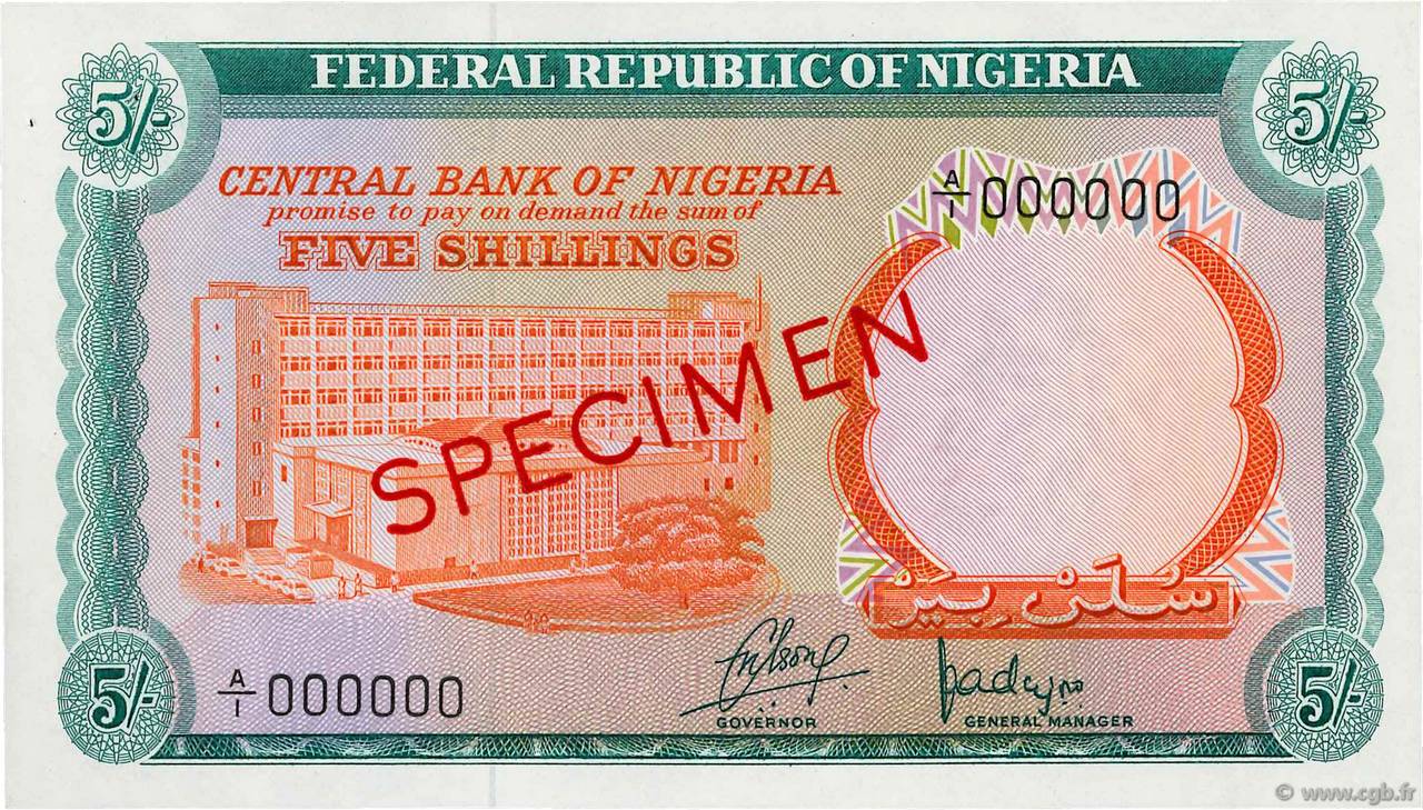 5 Shillings Spécimen NIGERIA  1968 P.10s SPL
