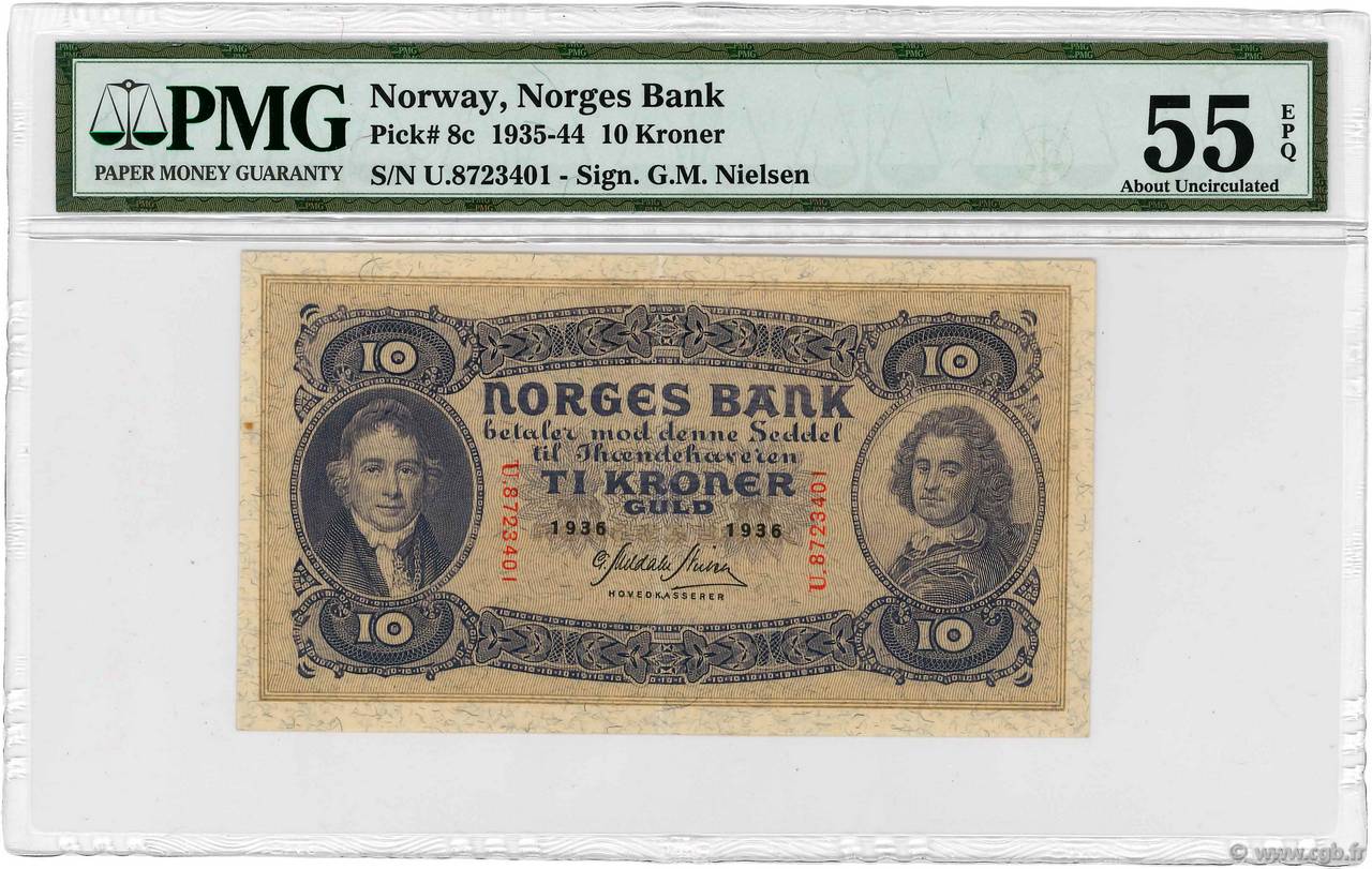10 Kroner Guld NORWAY  1936 P.08c AU