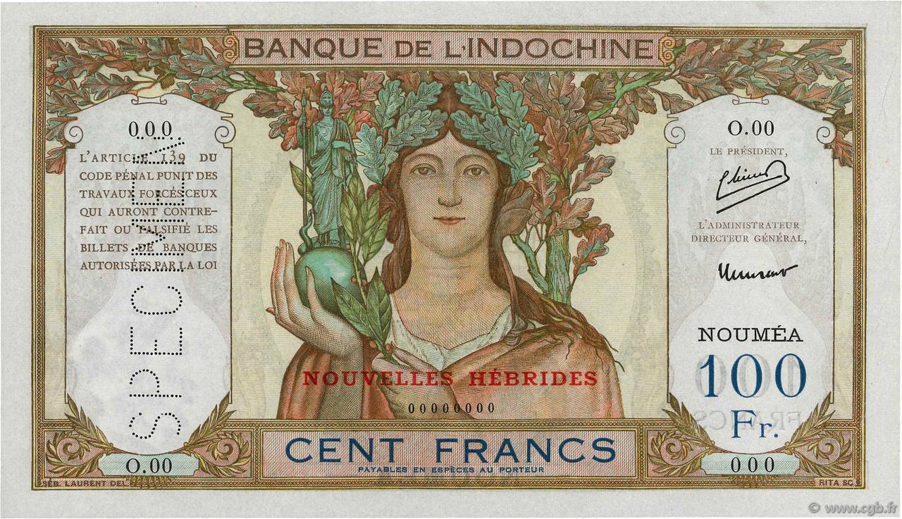 100 Francs Spécimen NUOVE EBRIDI  1941 P.10s FDC