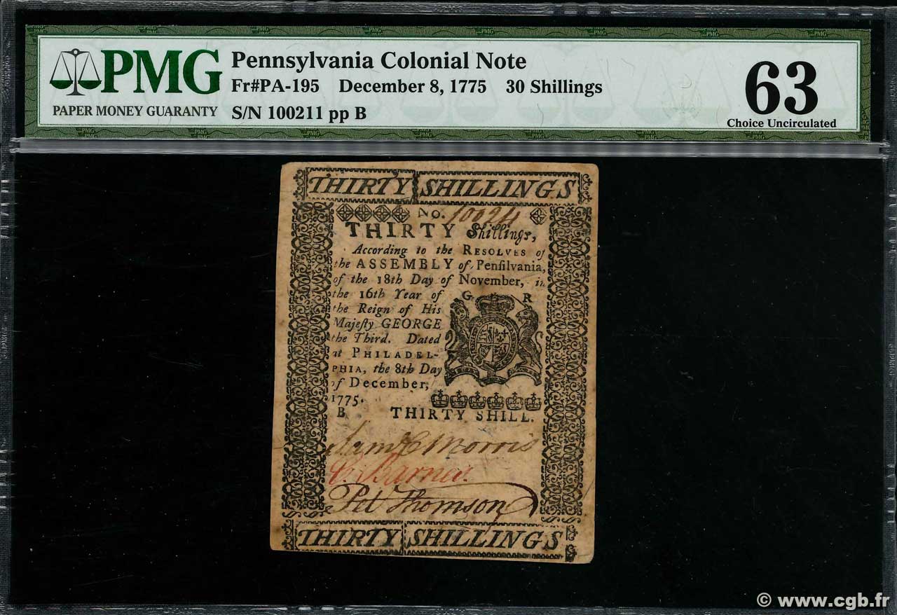 30 Shillings STATI UNITI D AMERICA Philadelphie 1775 PS.2559 q.AU