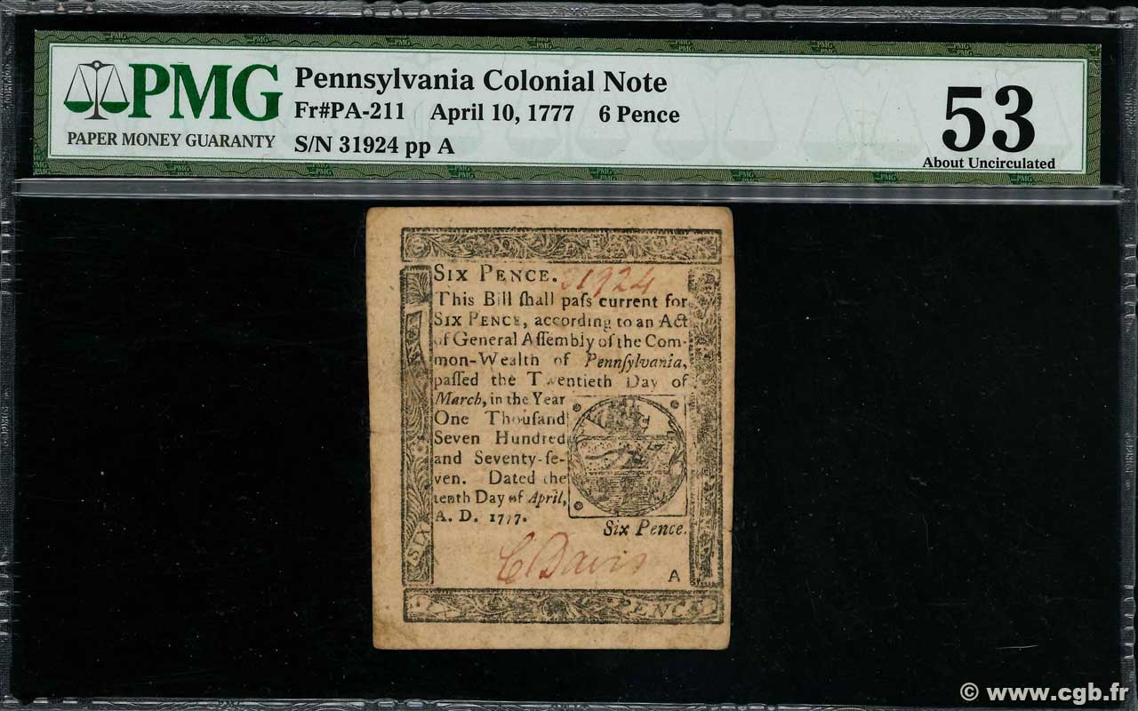 6 Pence UNITED STATES OF AMERICA  1777 PS.2575 VF+