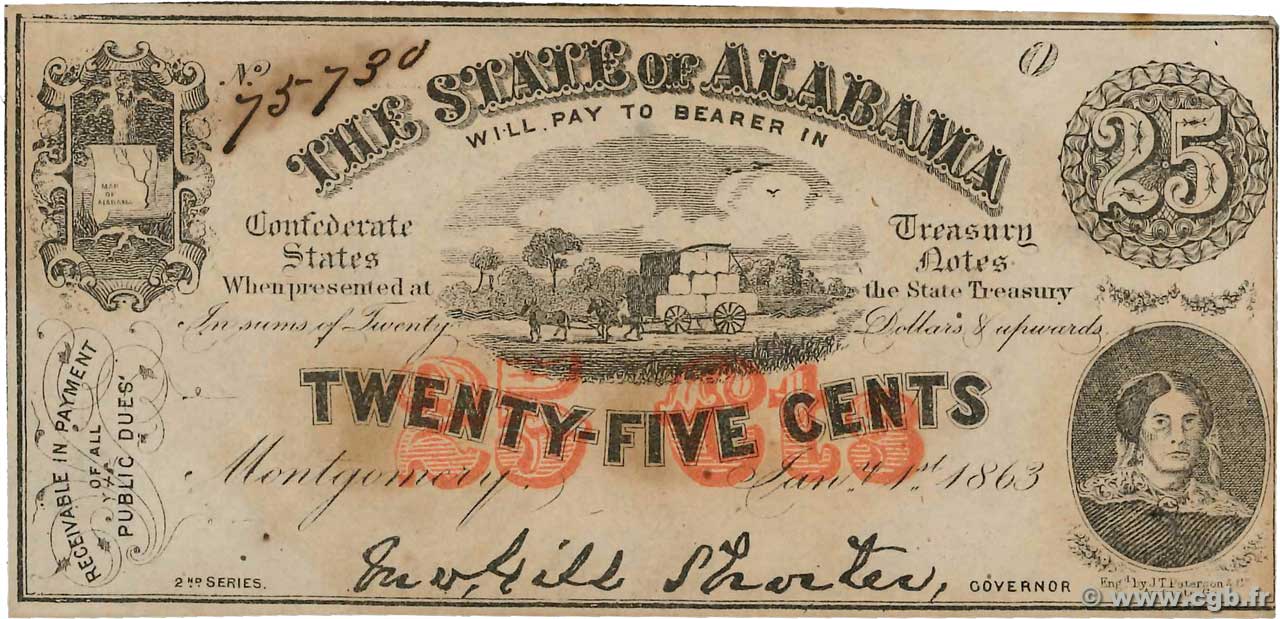 25 Cents ÉTATS-UNIS D AMÉRIQUE Montgomery 1863 PS.0211b SPL