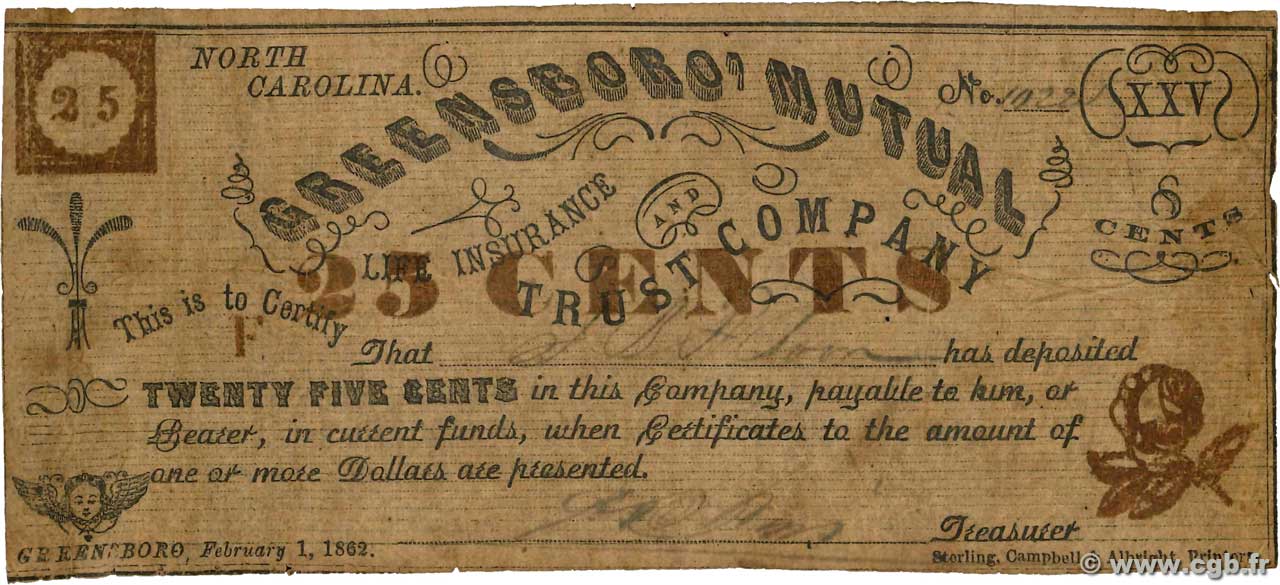 25 Cents ÉTATS-UNIS D AMÉRIQUE Greensboro 1862  B+