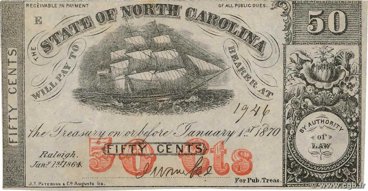 50 Cents UNITED STATES OF AMERICA Raleigh 1864 PS.2375 UNC-