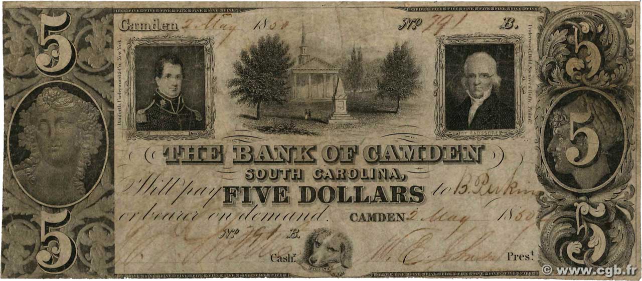 5 Dollars ÉTATS-UNIS D AMÉRIQUE Camden 1850  B+