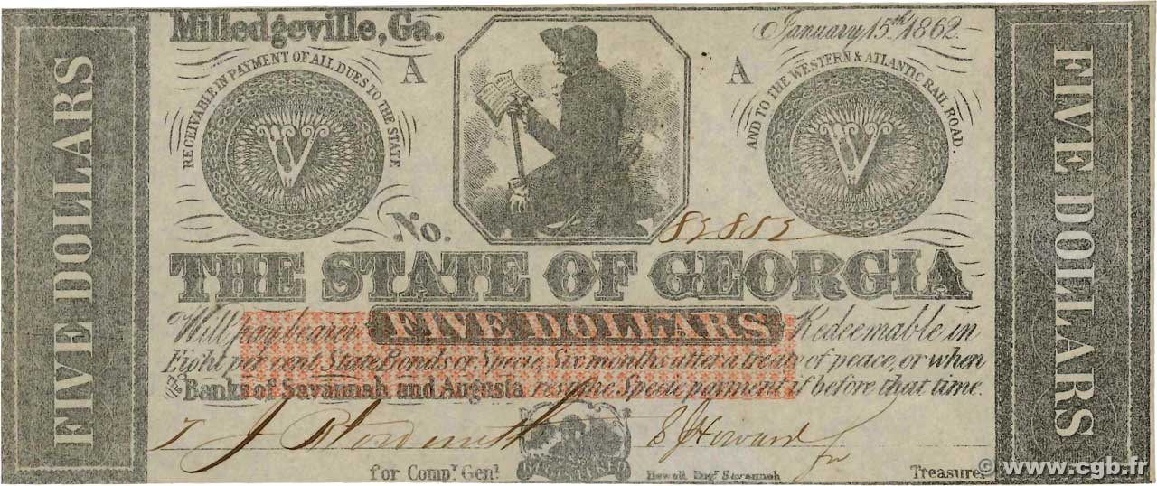 5 Dollars ÉTATS-UNIS D AMÉRIQUE Milledgeville 1862 PS.0852 pr.NEUF