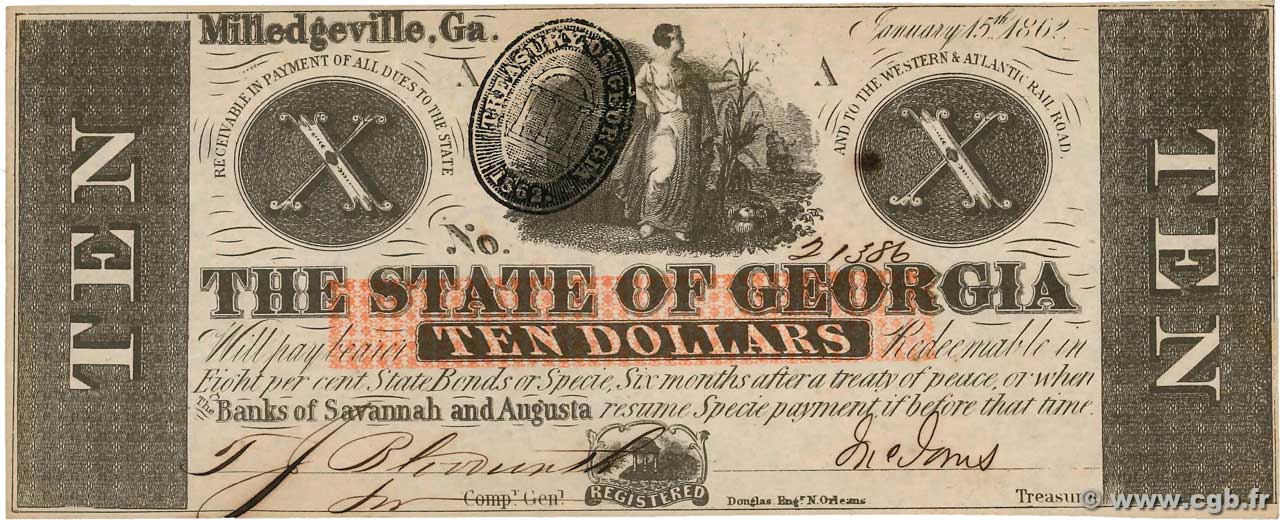 10 Dollars VEREINIGTE STAATEN VON AMERIKA Milledgeville 1862 PS.0853 fST