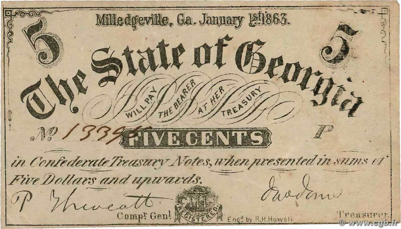 5 Cents UNITED STATES OF AMERICA Milledgeville 1863 PS.0857 XF