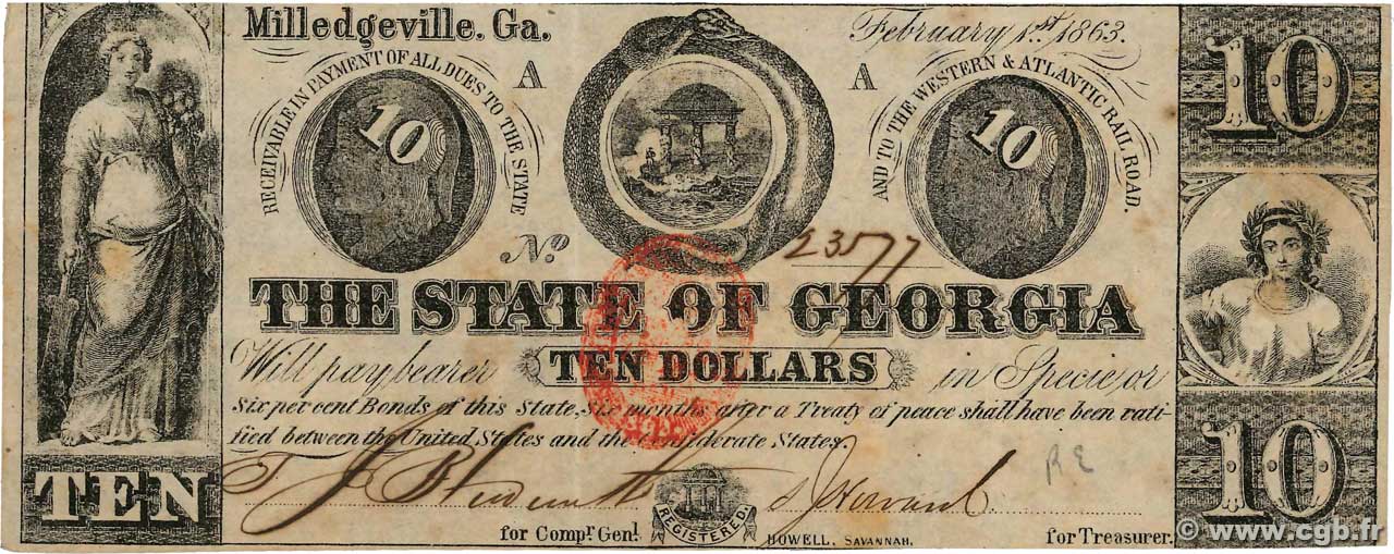 10 Dollars STATI UNITI D AMERICA Milledgeville 1863 PS.0867 q.SPL