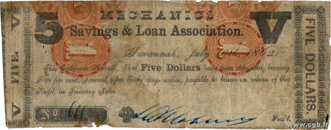 5 Dollars STATI UNITI D AMERICA Savannah 1862  MB
