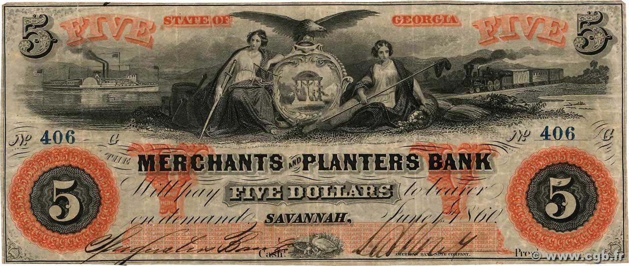 5 Dollars ÉTATS-UNIS D AMÉRIQUE Savannah 1860  TB