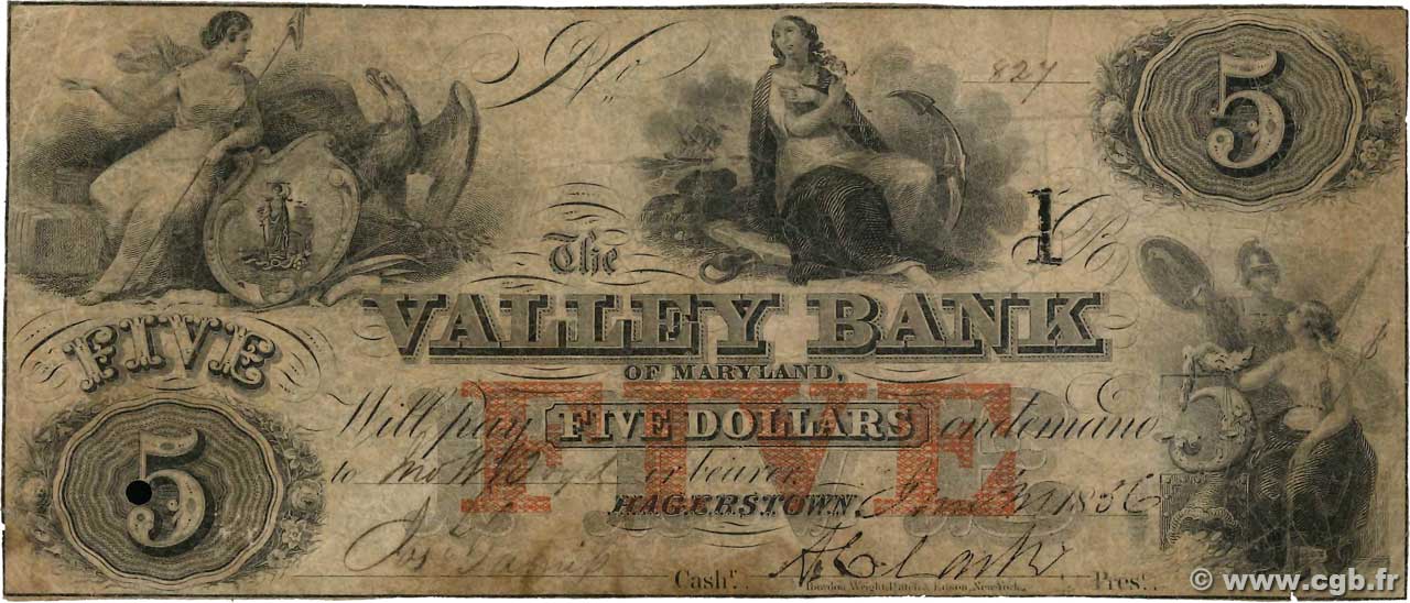 5 Dollars ÉTATS-UNIS D AMÉRIQUE Hagerstown 1856  B