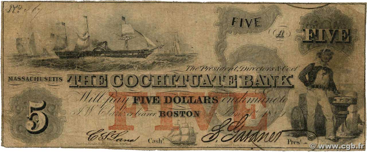 5 Dollars UNITED STATES OF AMERICA Boston 1853  VG